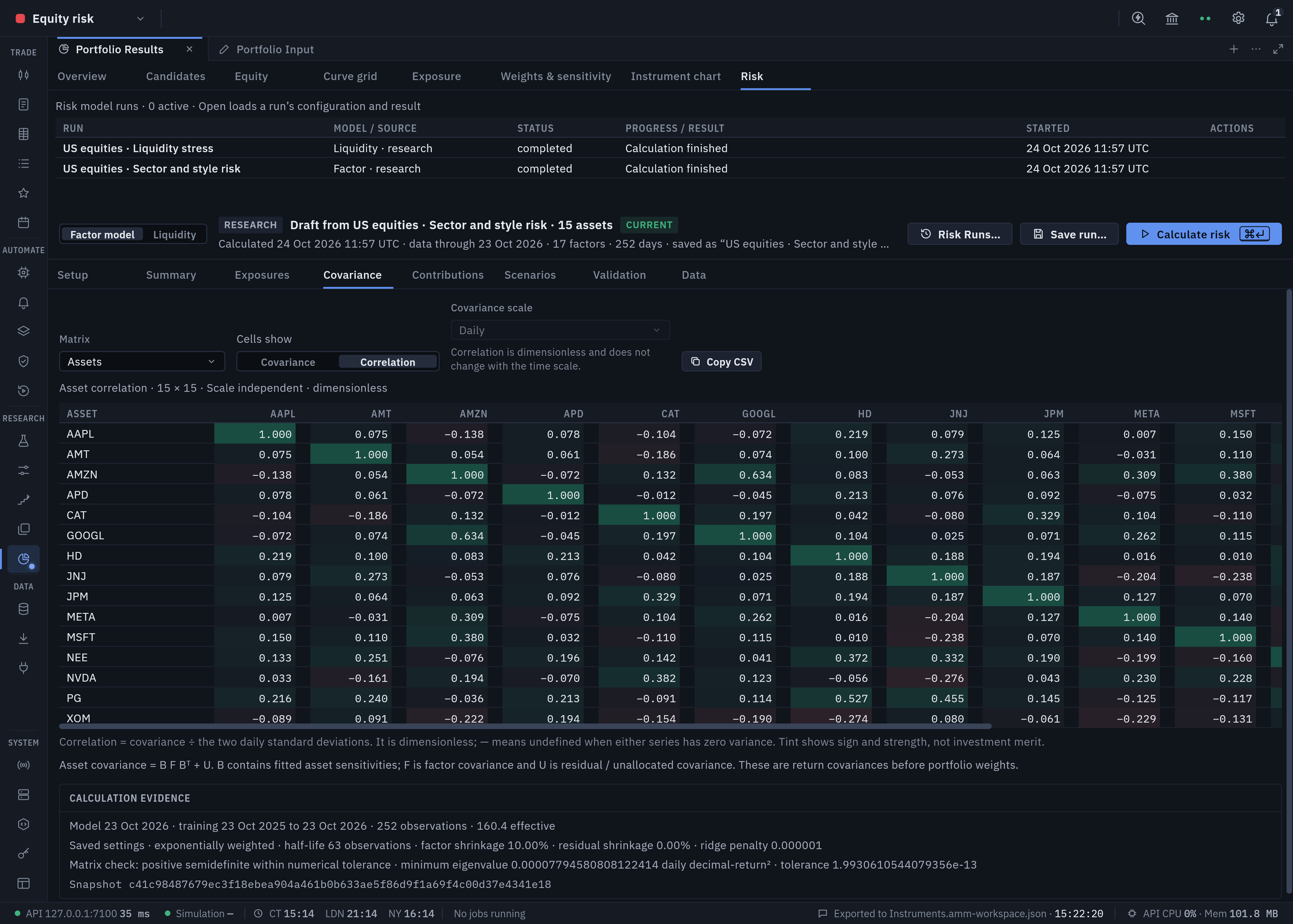 Market Studio covariance inspector displaying a saved equity correlation matrix in dark mode