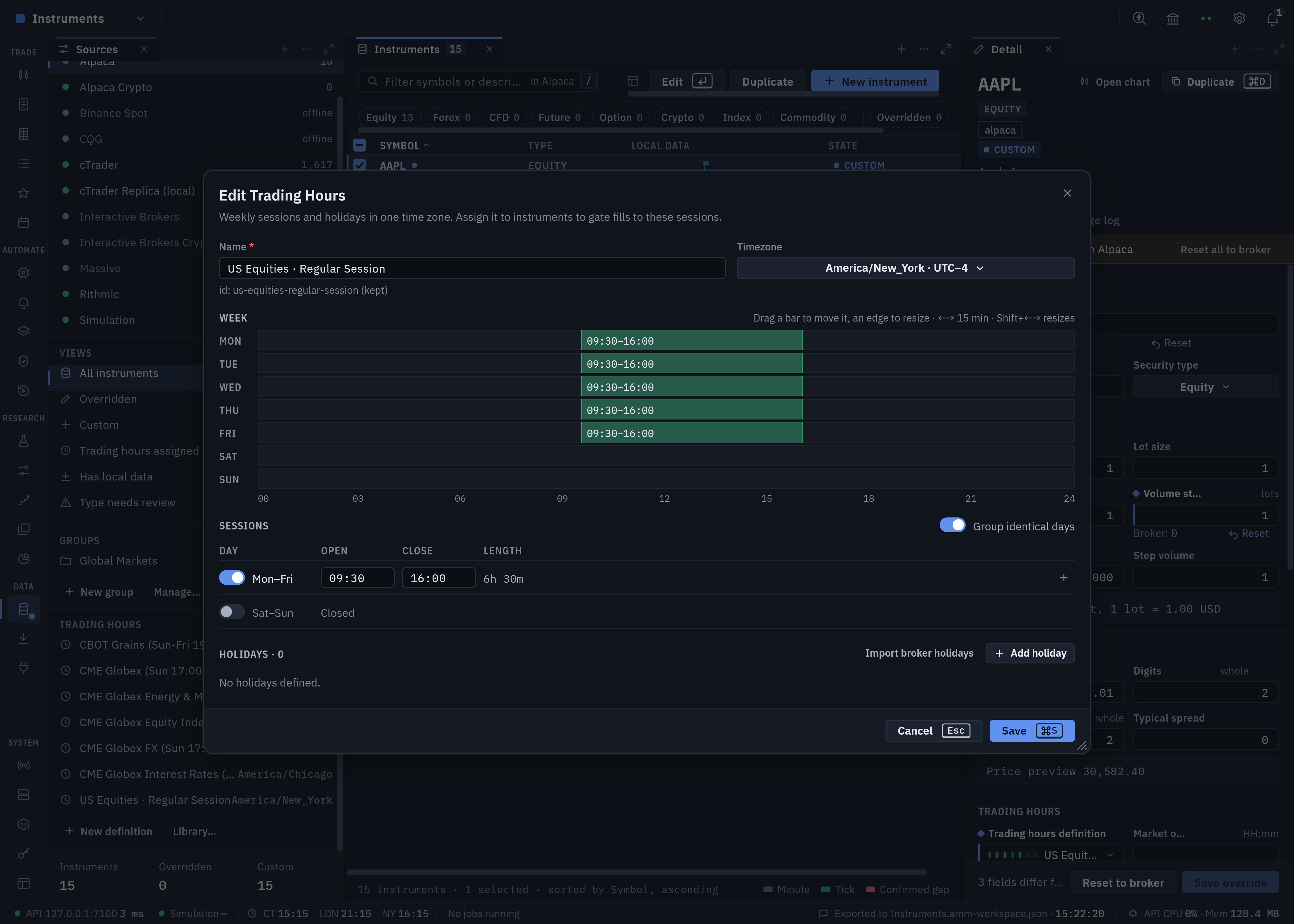Market Studio trading-hours editor with weekly equity sessions and time zone controls.