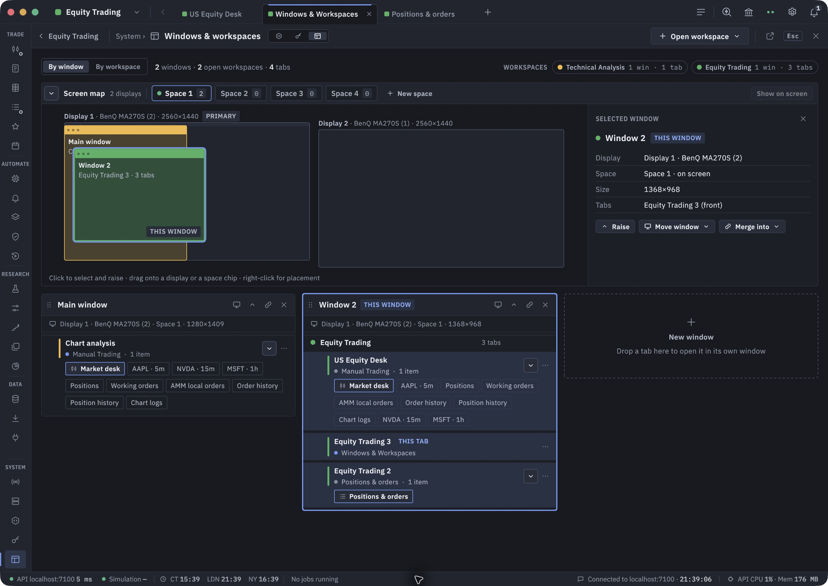 Market Studio Windows & Workspaces showing two open windows, two concurrent workspaces and four tabs