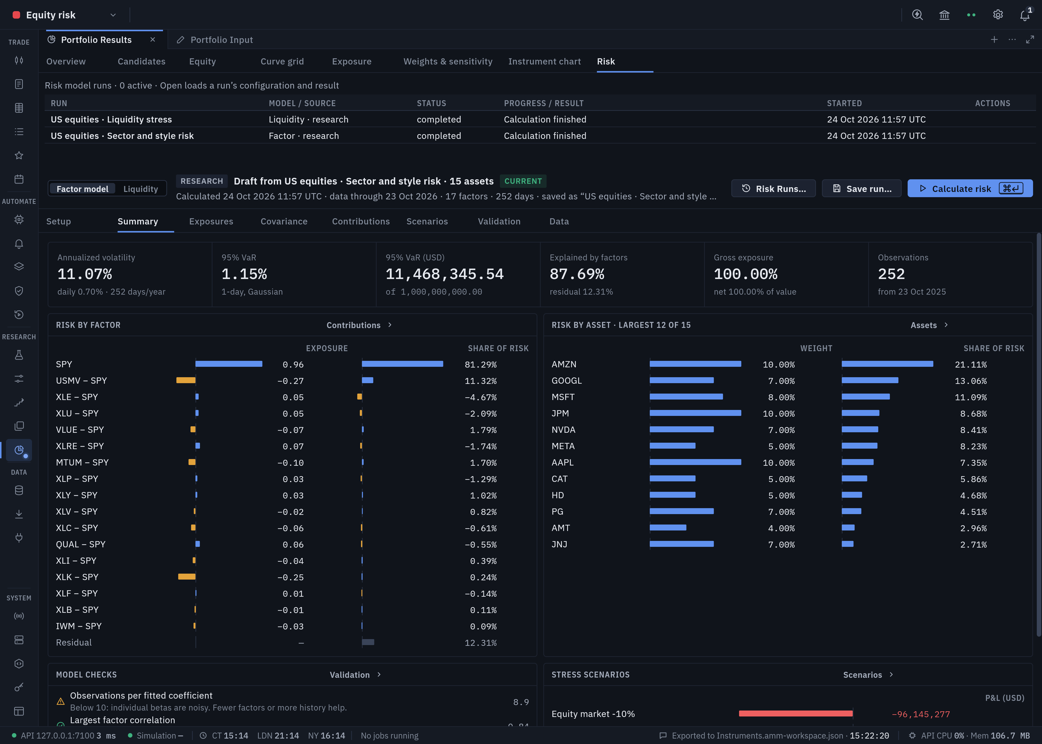 Market Studio equity factor-risk analysis with exposures, risk contributions and model diagnostics in dark mode