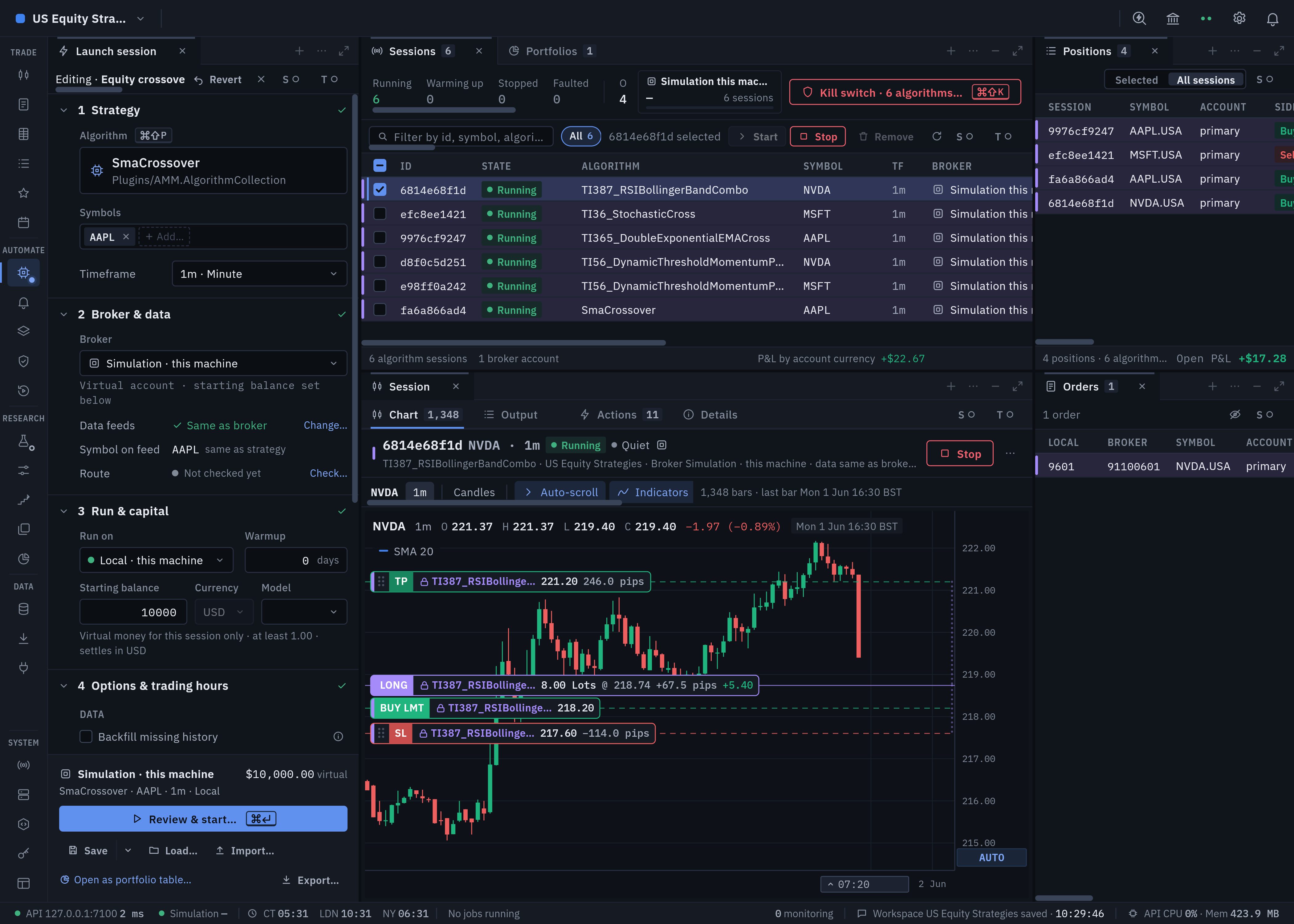 Market Studio Strategies page with the launch form, six running strategy sessions, an NVDA session chart with position protection, and positions and orders in dark mode
