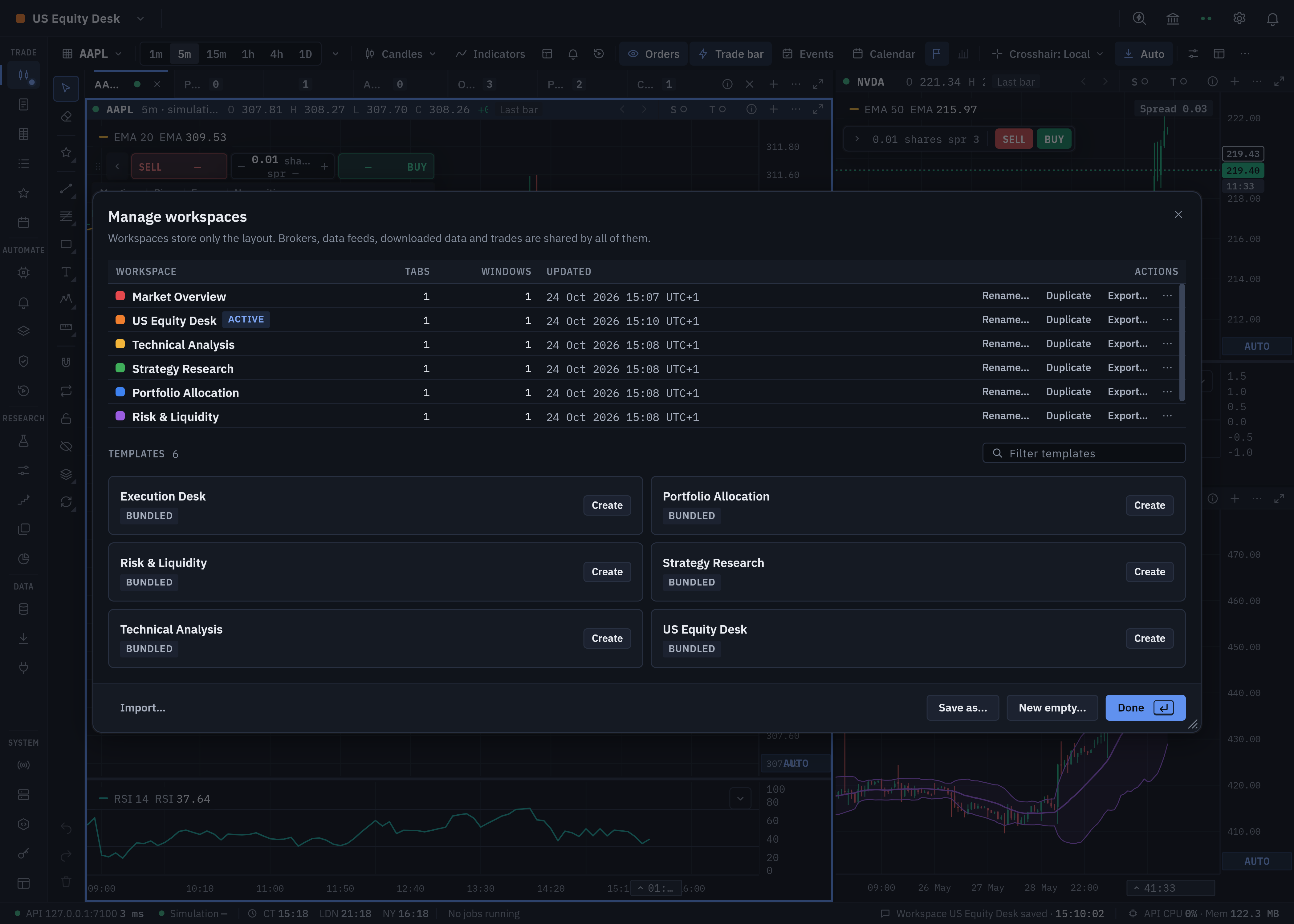 Market Studio workspace manager showing curated saved layouts, templates and management controls.